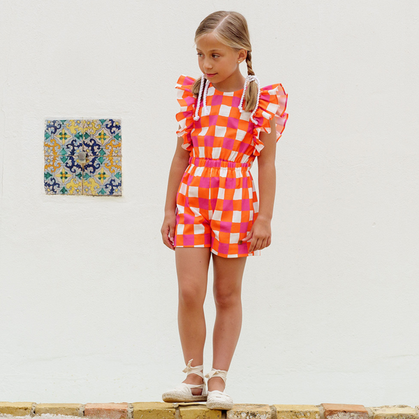 Mono Corto Cuadros Bicolor - Naranja Rosa