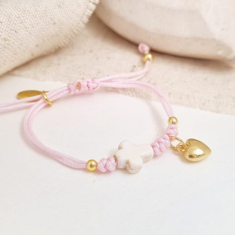 Brazalete - Cruz y Corazón Cuerda Rosado