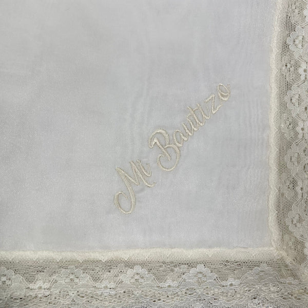 Pañuelo Triple Organza Bordado Mi Bautizo Beige