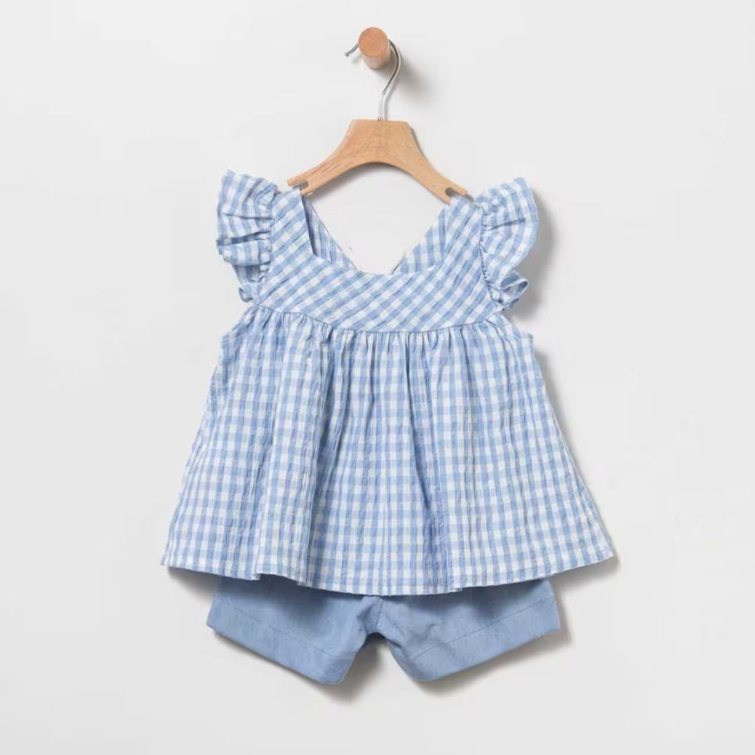 Conjunto Blusa Cuadros Azul