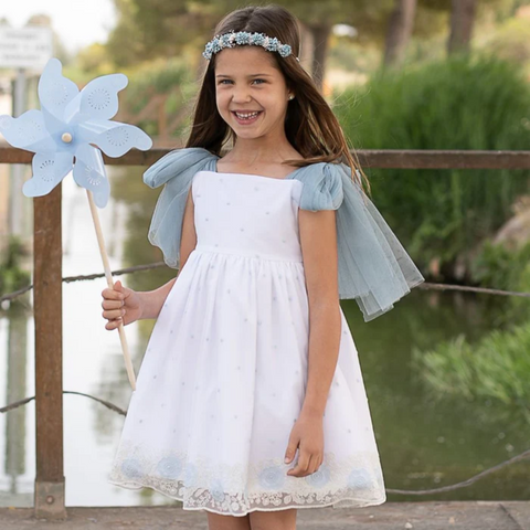Vestido Tul Bordado Topitos Azul