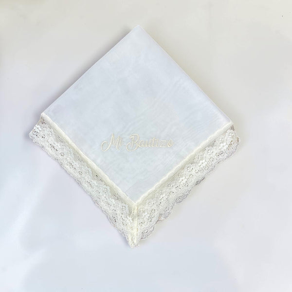 Pañuelo Triple Organza Bordado Mi Bautizo Beige