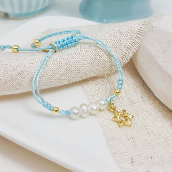 Brazalete - Cordón Perlas & Maguen Celeste