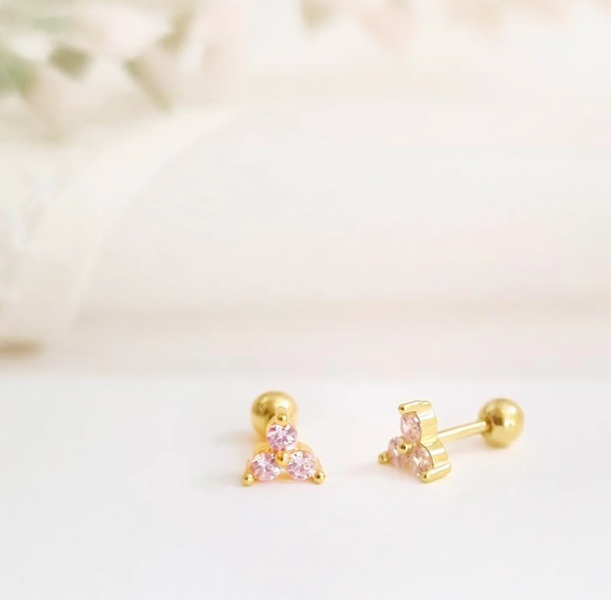 Aretes - Mini Trio Stud Pink Cierre Dorado