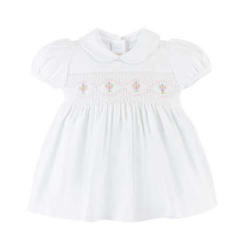 Vestido Fruncido Cuello Redondo - Blanco