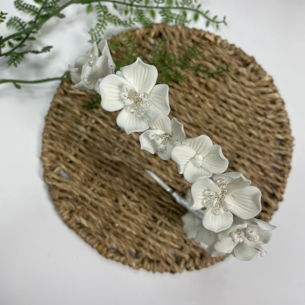 Diadema - Flores Cerámica Blanca