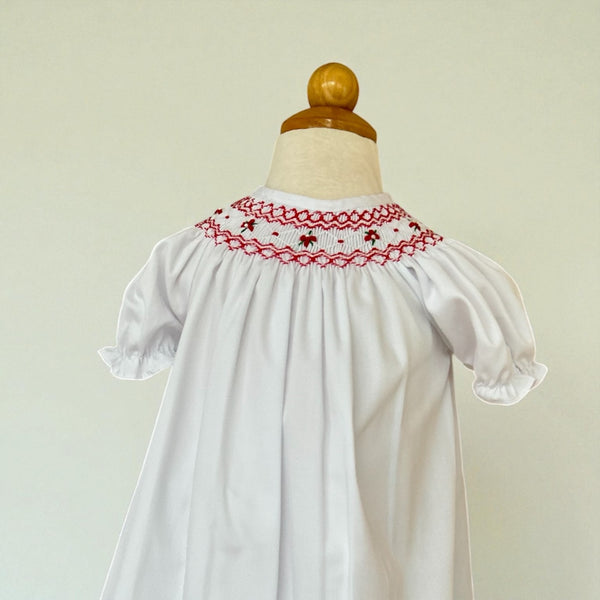 Vestido Cuello Smock Flores - Blanco