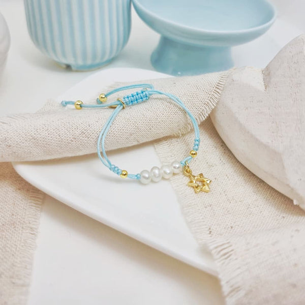 Brazalete - Cordón Perlas & Maguen Celeste