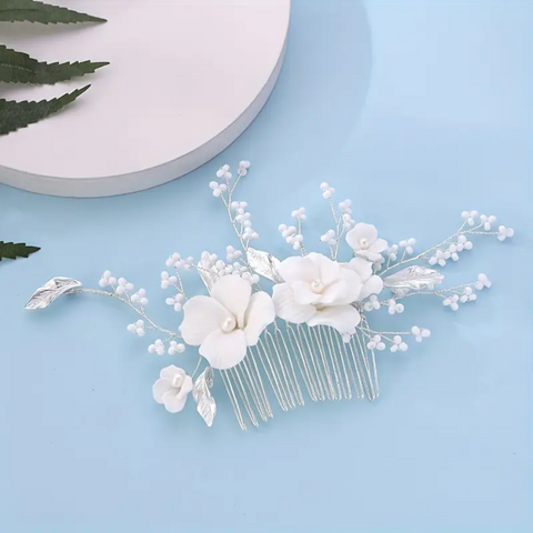 Peineta- Blanca con Flores de Cerámica y Perlas