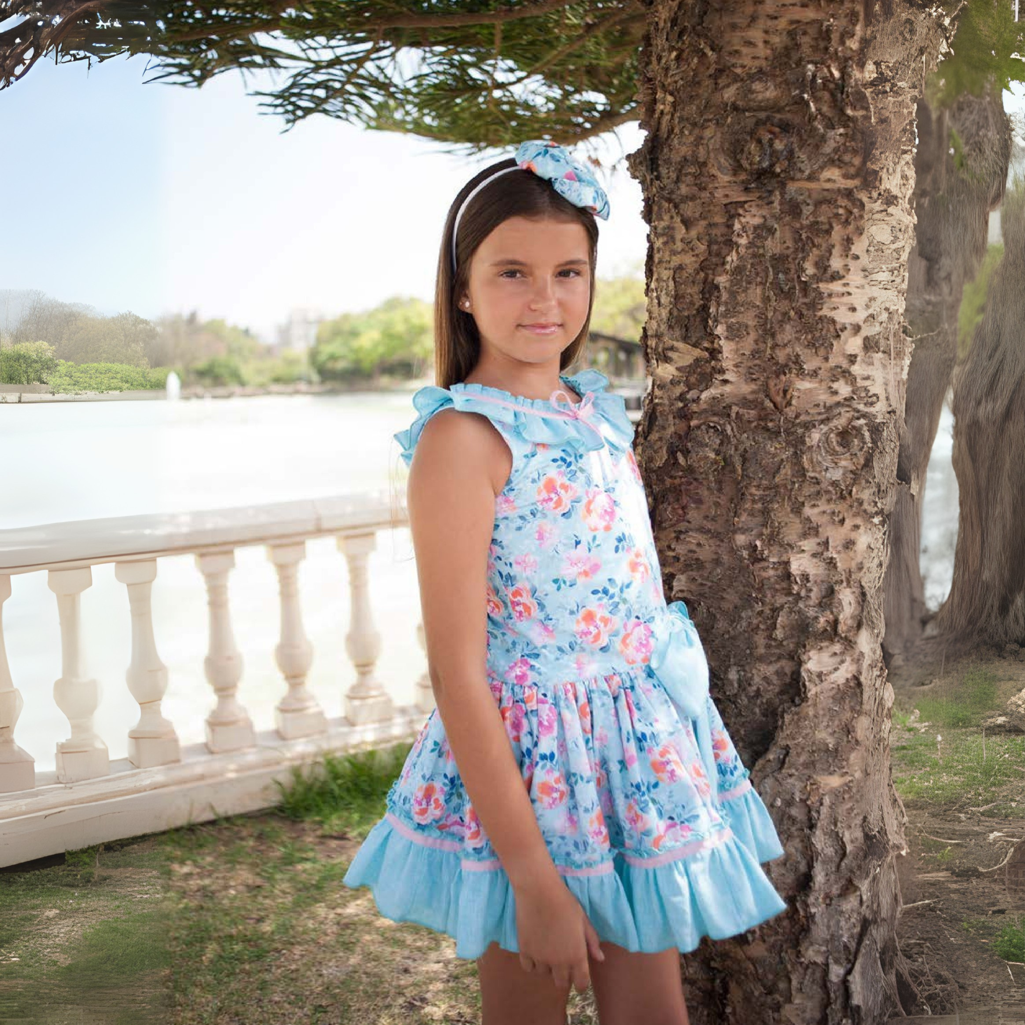 Vestido Corte Bajo - Flores Turquesa