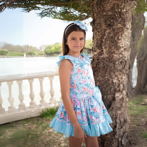 Vestido Corte Bajo - Flores Turquesa